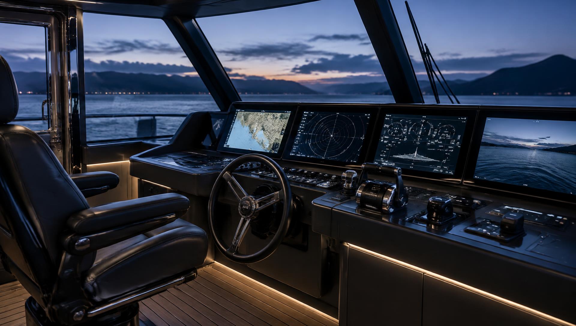 Professional vessel helm with navigation and systems displays